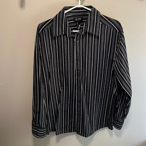 Black, blue, white, and gray striped button down